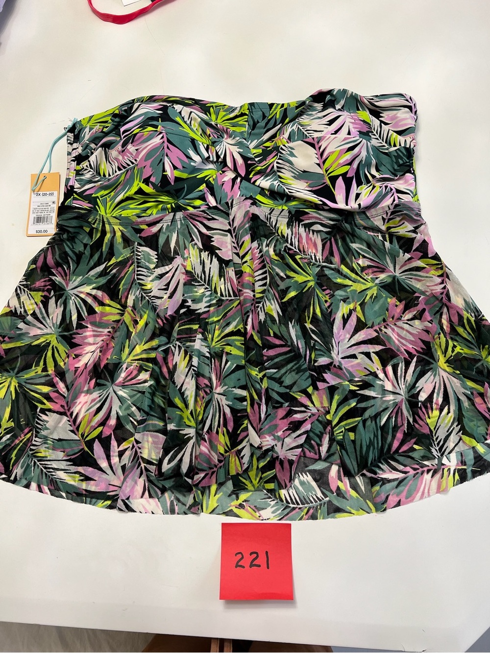 Kona Sol Tropical Leaf Strapless Swim Top - Pink, Green, Black